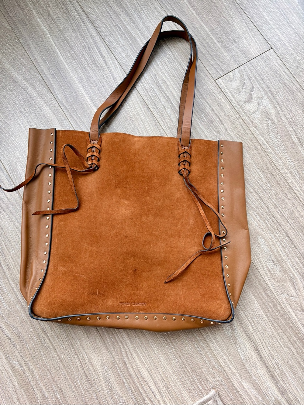 Women’s Vince Camuto Suede & Leather Tote Bag in Cognac